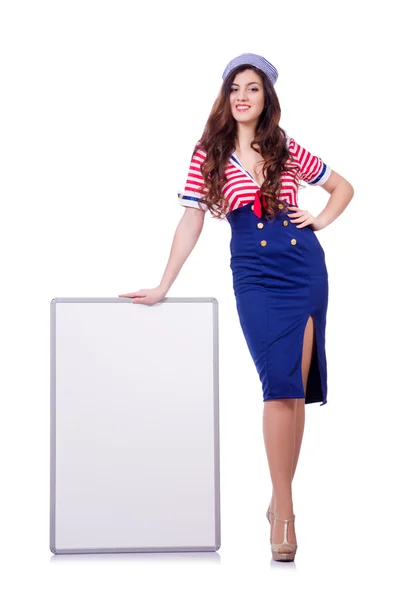 Mujer joven con tablero en blanco sobre blanco — Foto de Stock