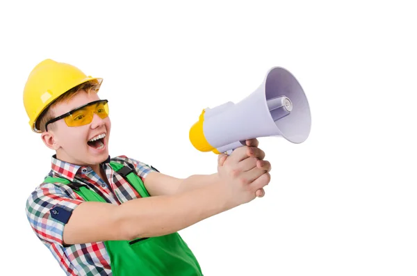 Funny trabajador de la construcción con altavoz en blanco — Foto de Stock