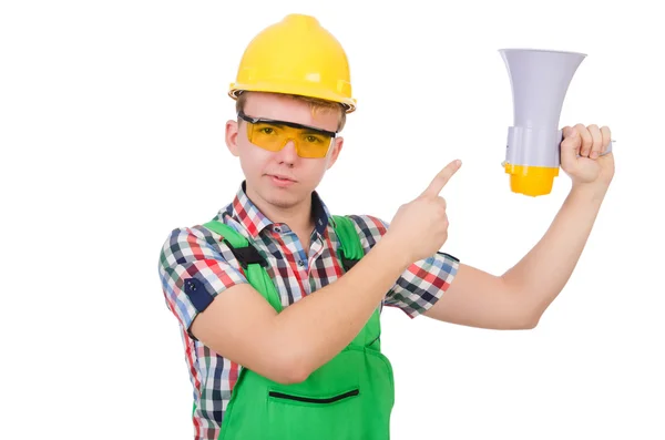 Funny construction worker with loudspeaker on white — Stock Photo, Image