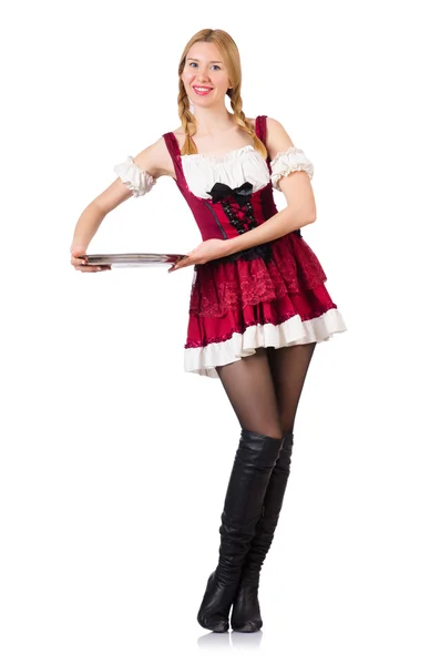 Camarera joven con bandeja en blanco — Foto de Stock