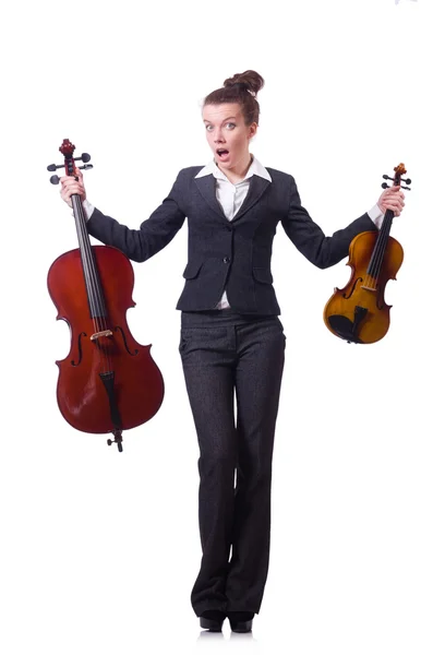 Femme drôle jouant du violon isolé sur le blanc — Photo