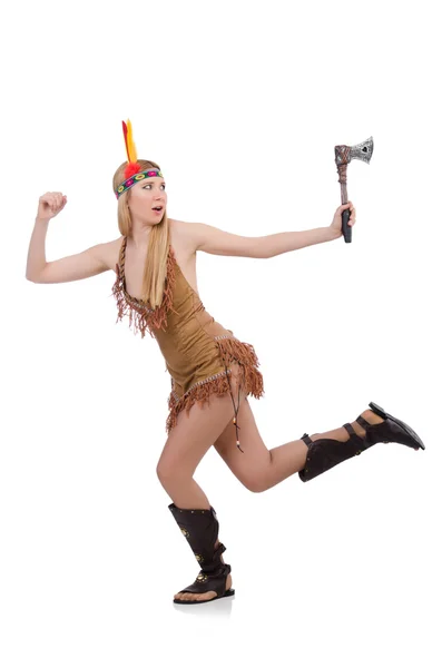Indian woman with axes on white — Stock Photo, Image