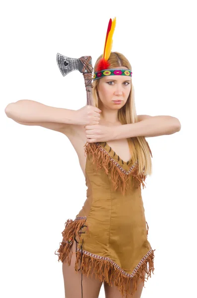 Indian woman with axes on white — Stock Photo, Image