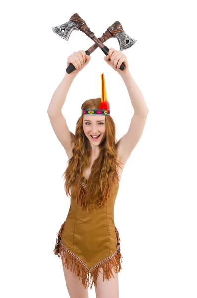 Indian woman with axes on white — Stock Photo, Image