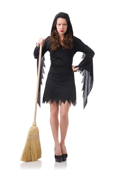 Woman with broom on white — Stock Photo, Image