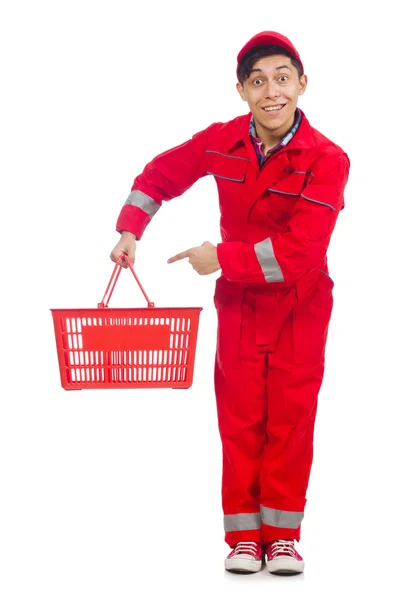 Man in red coveralls with shopping supermarket cart trolley — Stock Photo, Image