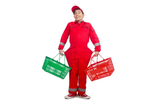 Man in red coveralls with shopping supermarket cart trolley — Stock Photo, Image