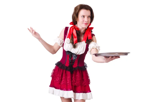 Young waitress with tray on white — Stock Photo, Image