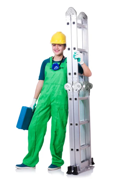Ženský stavební dělník s nářadím a žebříkem — Stock fotografie