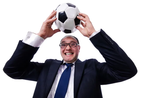 Hombre divertido con fútbol aislado en blanco —  Fotos de Stock