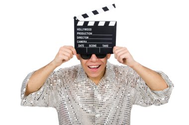 Elinde film klasörü olan adam beyaza izole edilmiş.