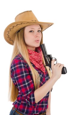 Silahlı kadın kovboy beyazlara izole edilmiş.