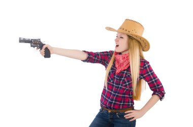 Silahlı kadın kovboy beyazlara izole edilmiş.