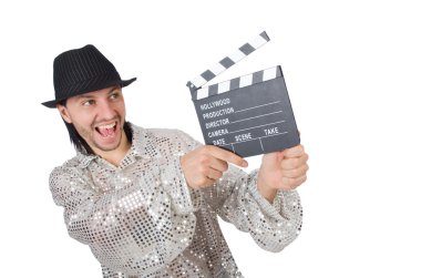 Film alkışları ve şapkası olan adam.