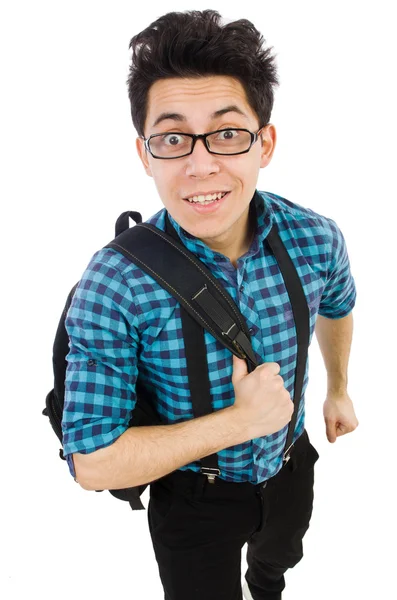 Student z plecakiem odizolowany na białym — Zdjęcie stockowe
