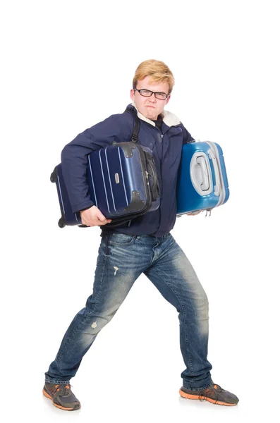 Grappige man met bagage op wit — Stockfoto