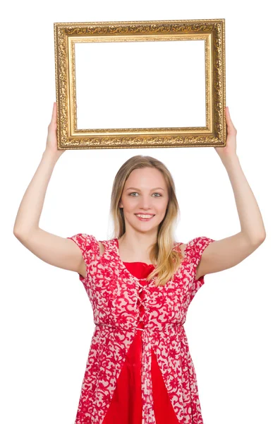 Mujer sosteniendo marco de imagen aislado en blanco — Foto de Stock