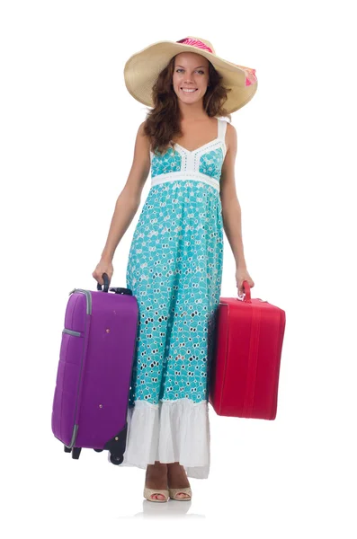 Žena cestovatel s kufrem izolované na bílém — Stock fotografie