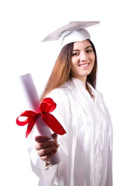 Chica graduada con diploma aislado en blanco — Foto de Stock