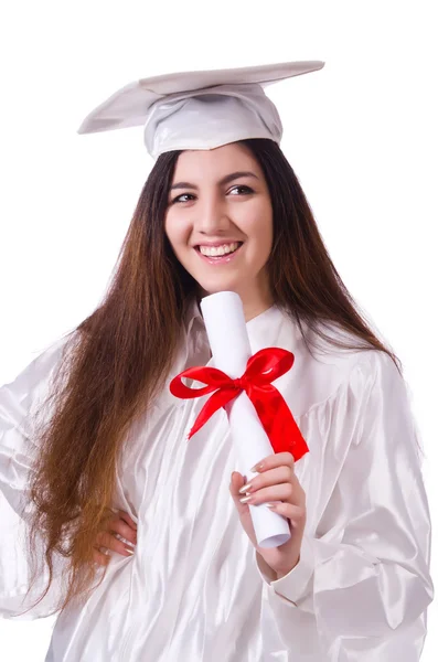 Chica graduada con diploma aislado en blanco — Foto de Stock