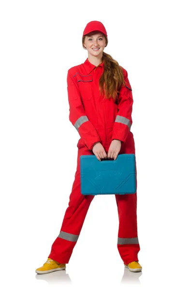 Woman construction worker in red coveralls on white — Stock Photo, Image
