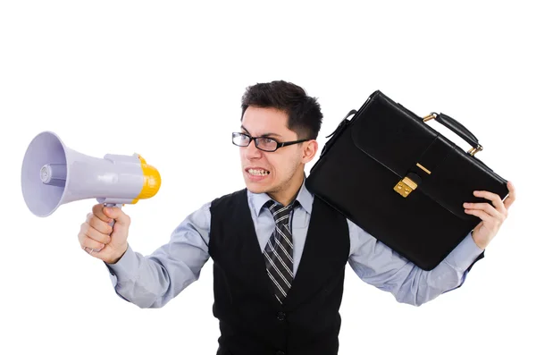 Young businessman with loudspeaker on white — Stock Photo, Image