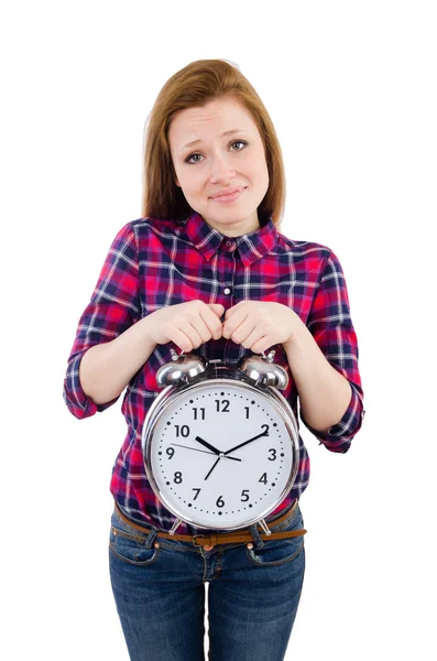 Woman with clock isolated on white — Stock Photo, Image