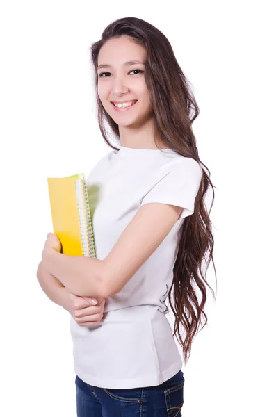 Giovane studente con libri isolati sul bianco — Foto Stock