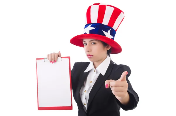 Frau mit amerikanischem Hut mit leerem Blatt auf weißem Hintergrund — Stockfoto