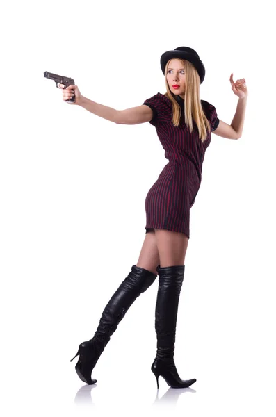 Junge Frau Gangster mit Waffe auf weiß — Stockfoto