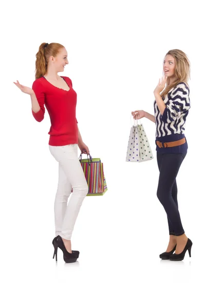 Amigos con bolsas aisladas en blanco — Foto de Stock