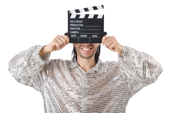 Man med film clapperboard och hatt — Stockfoto