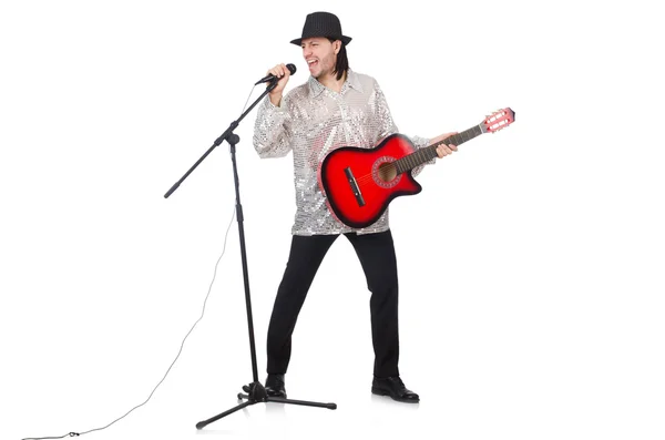 Homem tocando guitarra e cantando isolado no branco — Fotografia de Stock