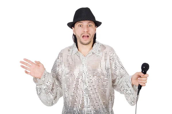 Mann mit Mikrofon isoliert auf weiß — Stockfoto