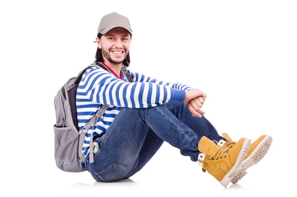 Student s batohem izolované na bílém — Stock fotografie