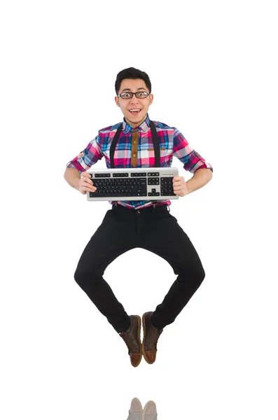 Počítačový nerd s klávesnicí izolovanou na bílém — Stock fotografie