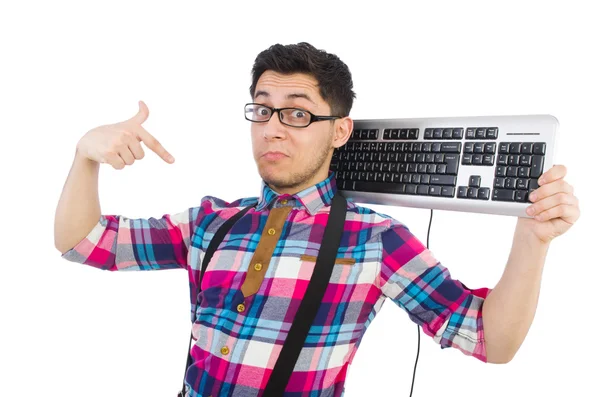 Computer-Nerd mit Tastatur isoliert auf weiß — Stockfoto