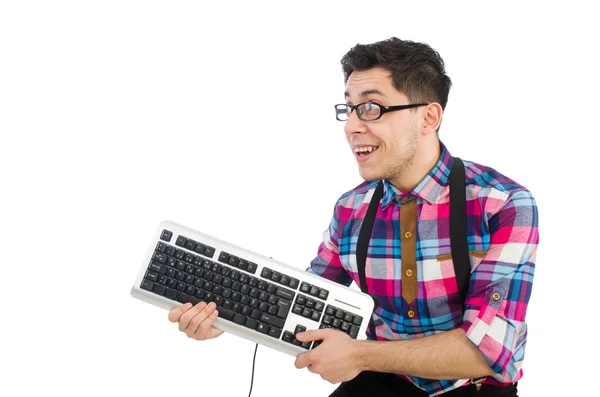 白に隔離されたキーボードを持つコンピュータオタク — ストック写真
