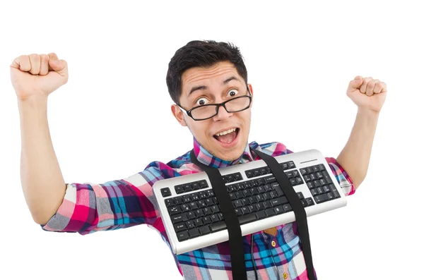 Computer nerd with keyboard isolated on white — Stock Photo, Image
