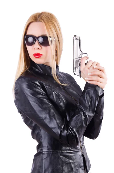 Frau mit Waffe isoliert auf der weißen — Stockfoto