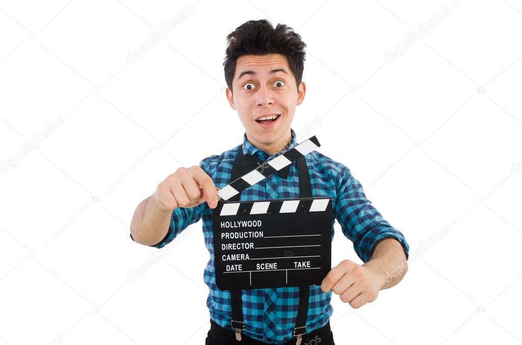 Man with movie clapperboard isolated on white