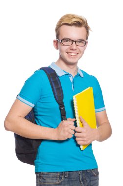 Beyaz arka planda izole genç öğrenci
