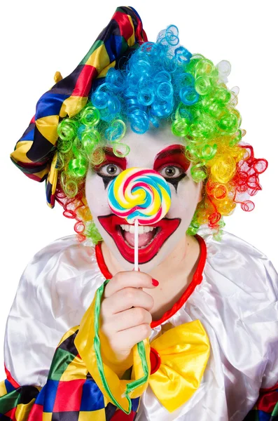 Clown met lolly geïsoleerd op wit — Stockfoto