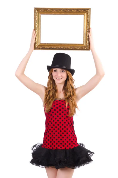 Mooi meisje in rode polka dot jurk met fotolijst isoleren — Stockfoto