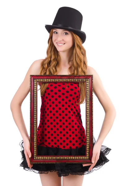 Pretty girl in red polka dot   dress with picture frame  isolate — Stock Photo, Image