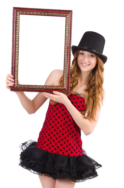 Mooi meisje in rode polka dot jurk met fotolijst isoleren — Stockfoto