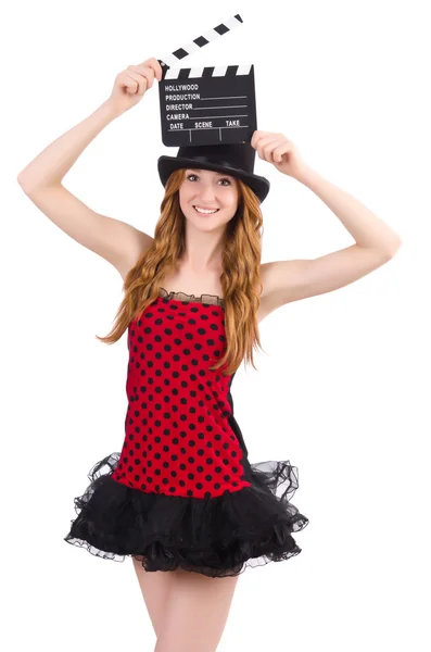 Pretty girl in red polka dot dress with movie board  isolated on — Stock Photo, Image