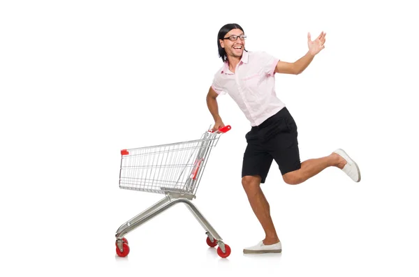 Uomo shopping con carrello supermercato isolato su bianco — Foto Stock