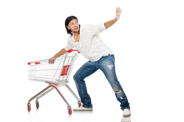 Homme shopping avec panier de supermarché panier isolé sur blanc — Photo