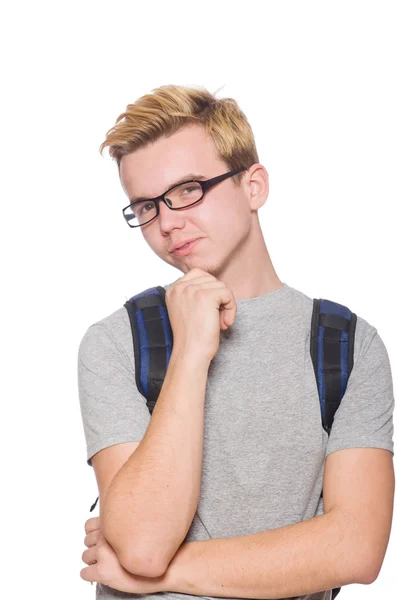 Estudiante con mochila aislada en el blanco — Foto de Stock